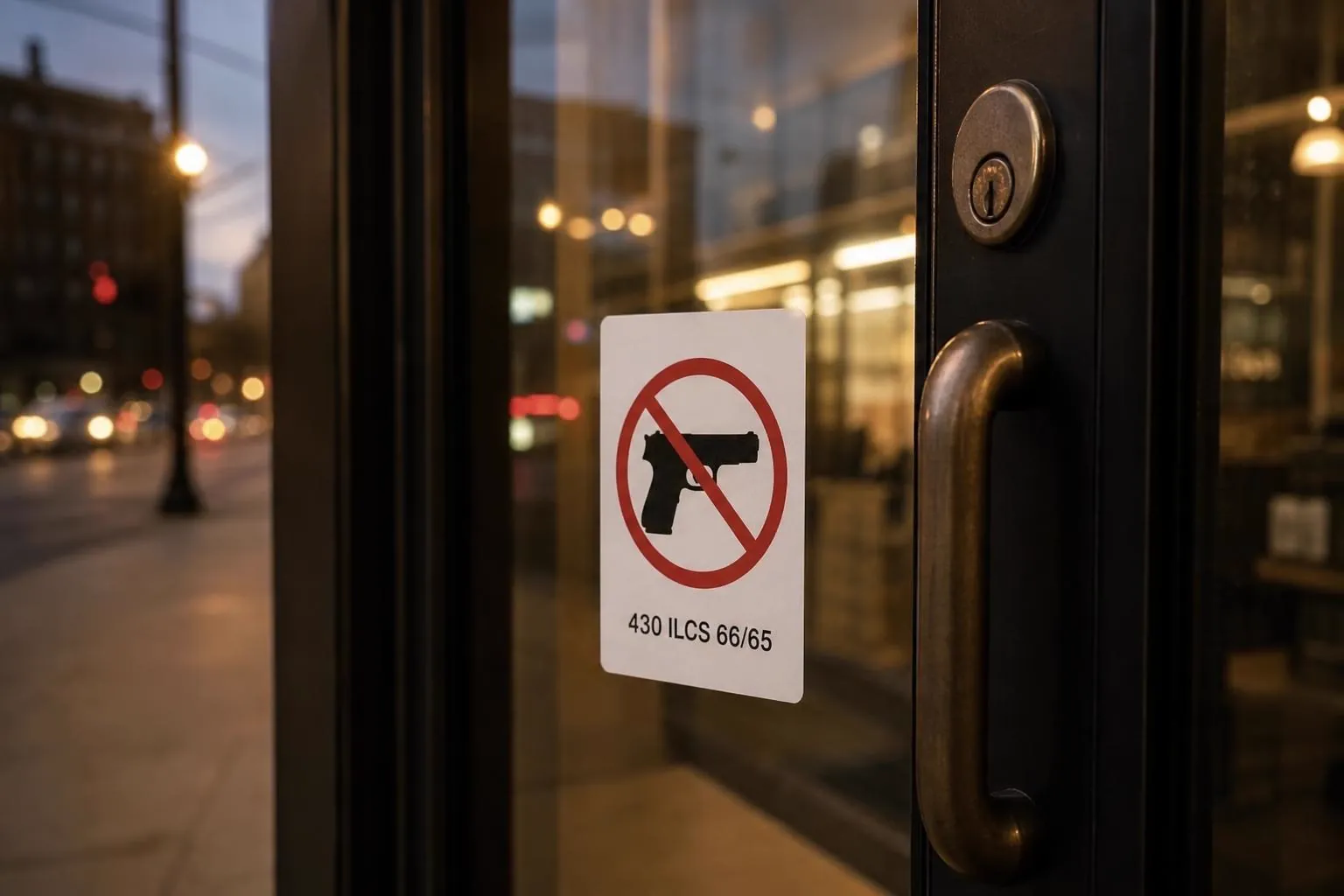 The Illinois statutory no-firearms sign — a black handgun in a red circle-and-slash above the citation 430 ILCS 66/65 — posted on a storefront door