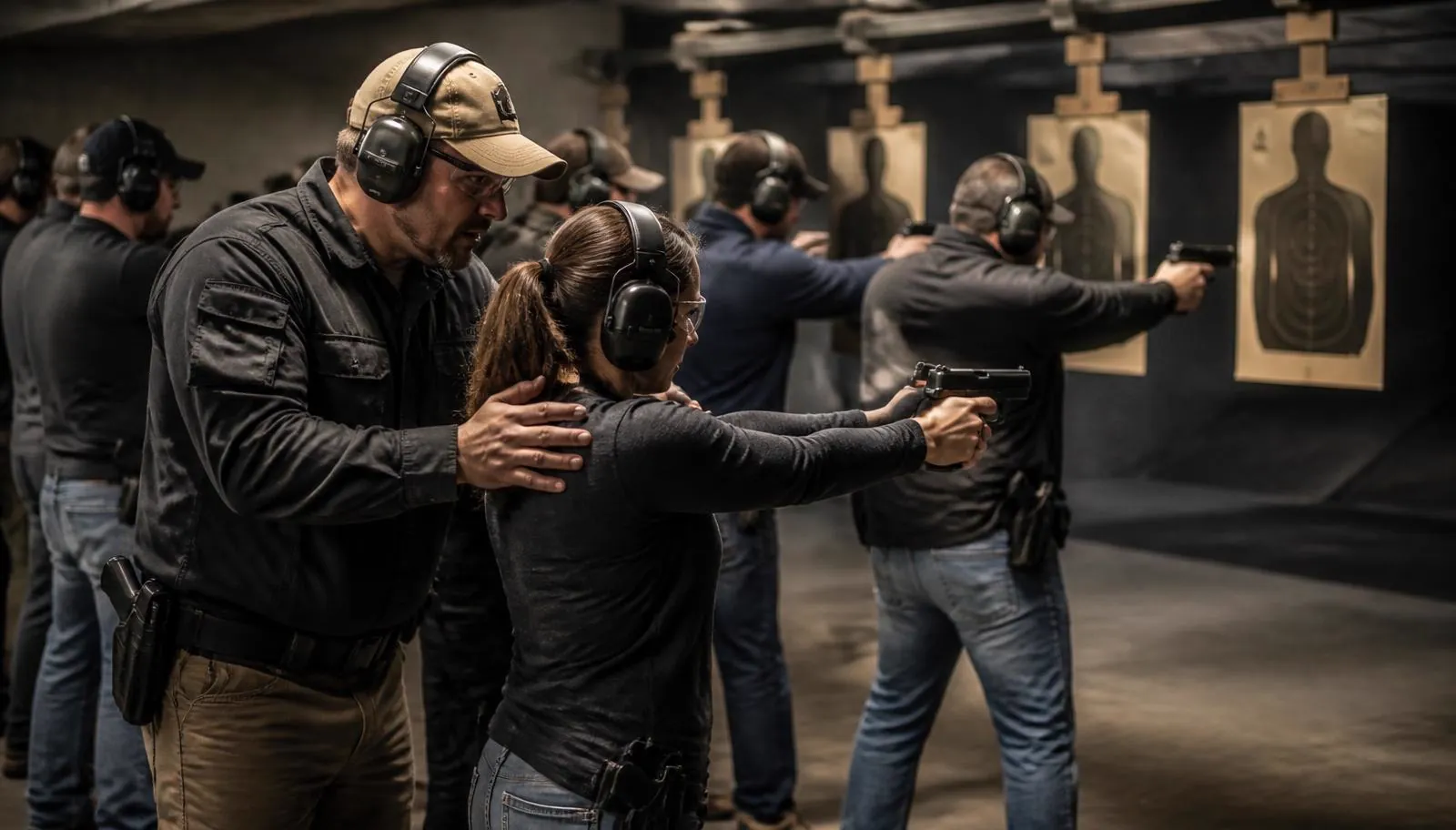Students on an indoor range with an instructor coaching from the line