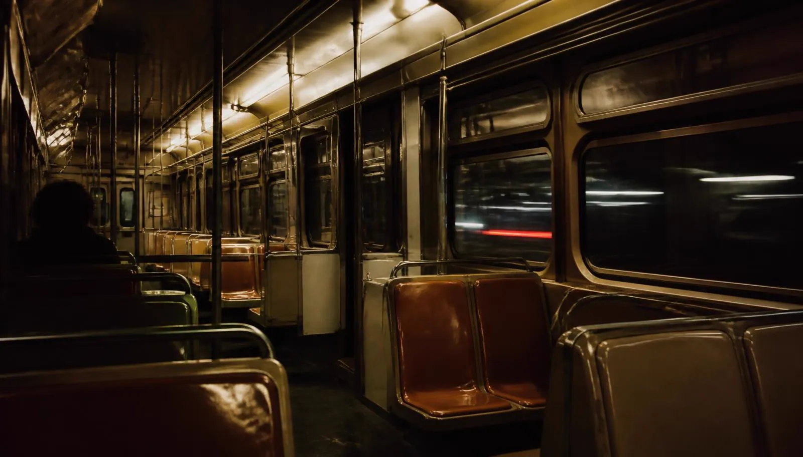 The interior of an urban commuter train at night
